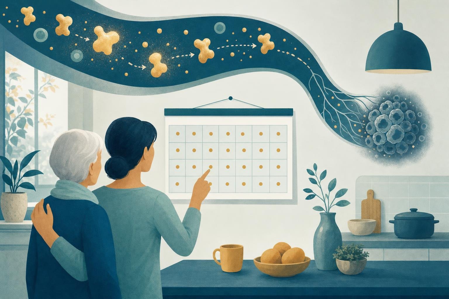 Paciente e filha adulta olham um calendário de 24 semanas, com enzimas douradas na corrente sanguínea acima da mesa